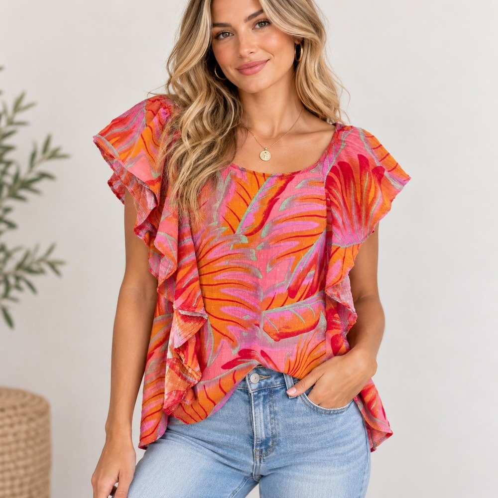 Cynthia Rowley Pink Orange Tropical Palm Ruffle Flutter Sleeve Top Medium